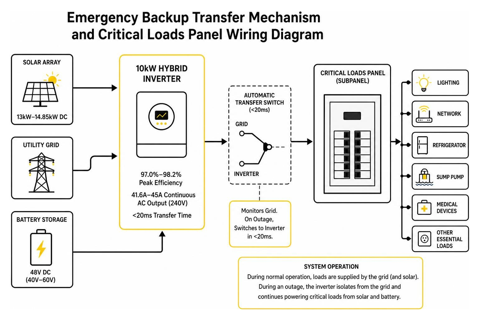Emergency backup transfer mechanism and critical loads panel wiring diagram Emergency backup transfer mechanism and critical loads panel wiring diagram