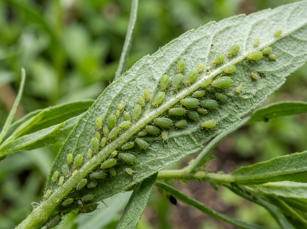 Close up image of aphid clusters huddled on the underside of a tarragon leaf - bay leaf tarragon aphids Close up image of aphid clusters huddled on the underside of a tarragon leaf - bay leaf tarragon aphids