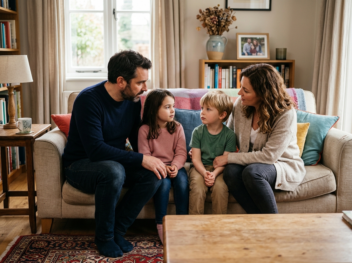 parents sitting down to talk with their children about divorce - parenting advice for divorced parents