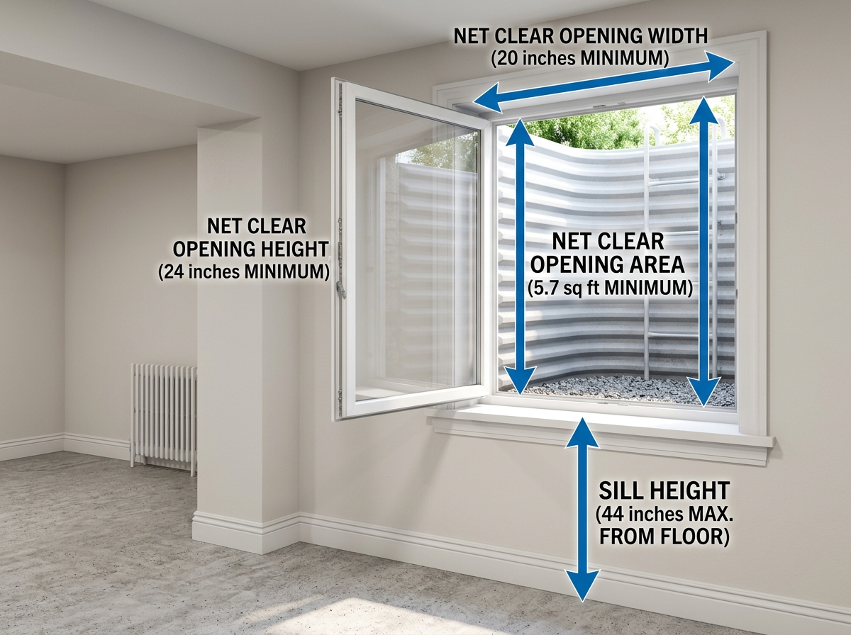 Diagram illustrating net clear opening measurements for height, width, and area - egress window requirements Diagram illustrating net clear opening measurements for height, width, and area - egress window requirements