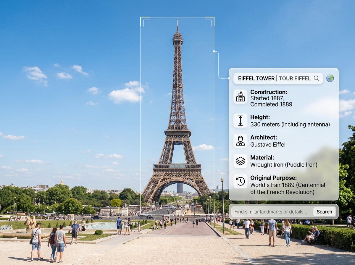 A famous landmark, the Eiffel Tower, identified by AI with historical facts displayed - look up item by picture