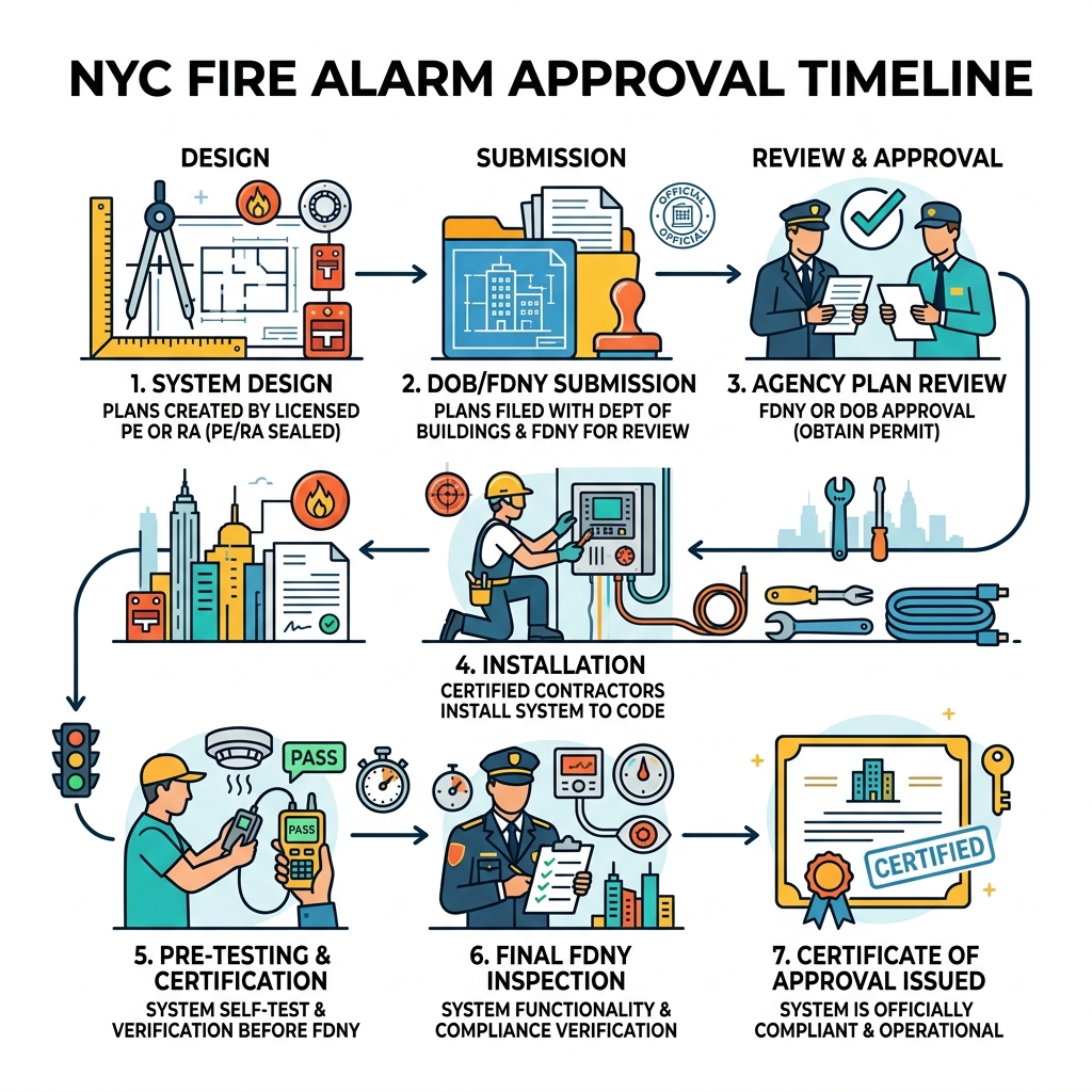 NYC fire alarm approval timeline from design to final FDNY inspection - NYC fire alarm installation infographic NYC fire alarm approval timeline from design to final FDNY inspection - NYC fire alarm installation infographic