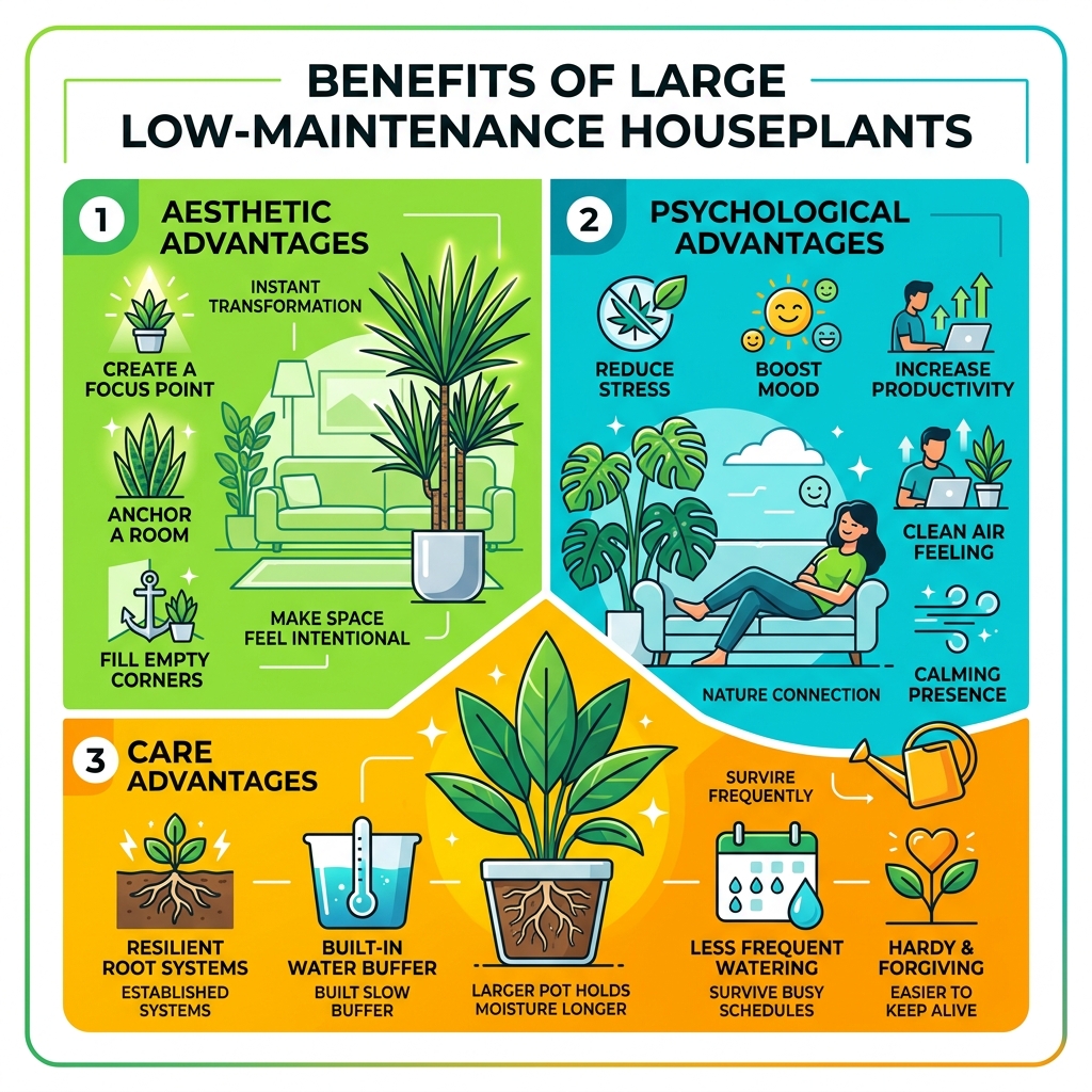 Benefits of large low-maintenance houseplants: aesthetic, psychological, and care advantages - big house plants low