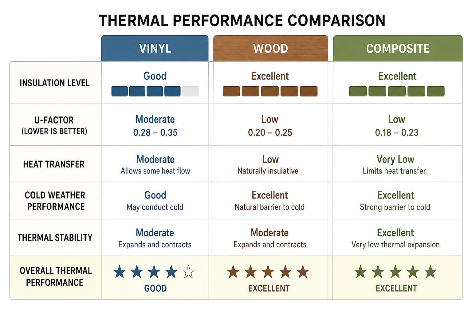 Comparison diagram of thermal performance between vinyl, wood, and composite frames