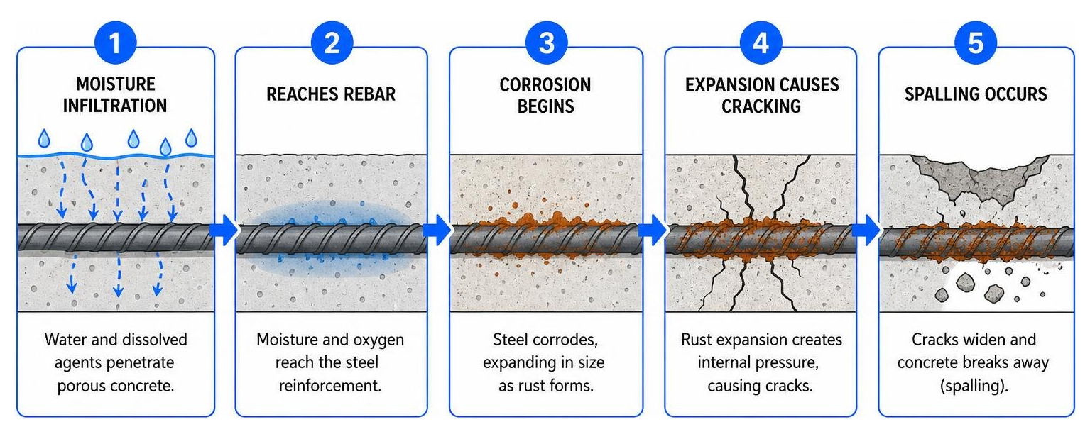 Process flow of moisture infiltration leading to rebar corrosion and spalling Process flow of moisture infiltration leading to rebar corrosion and spalling