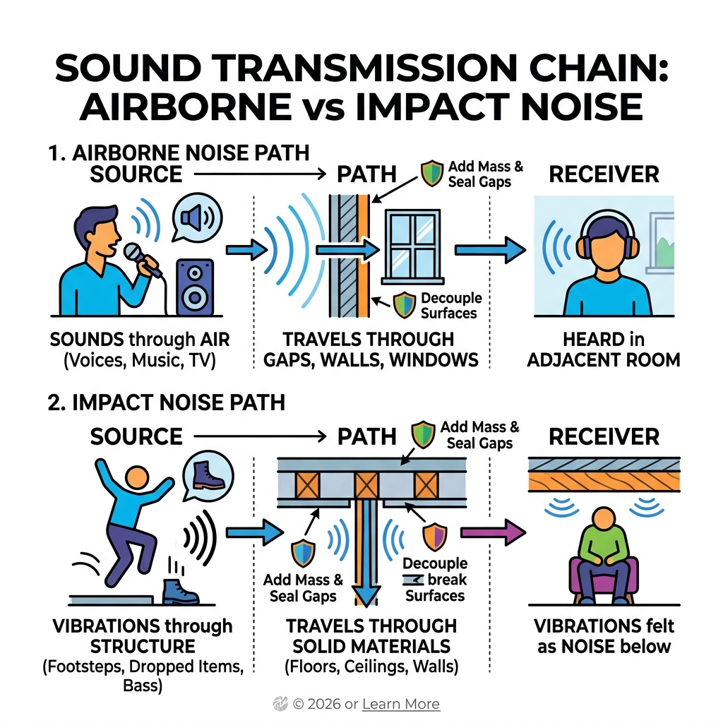 source-path-receiver sound transmission chain infographic showing airborne vs impact noise paths - how to block sound from source-path-receiver sound transmission chain infographic showing airborne vs impact noise paths - how to block sound from