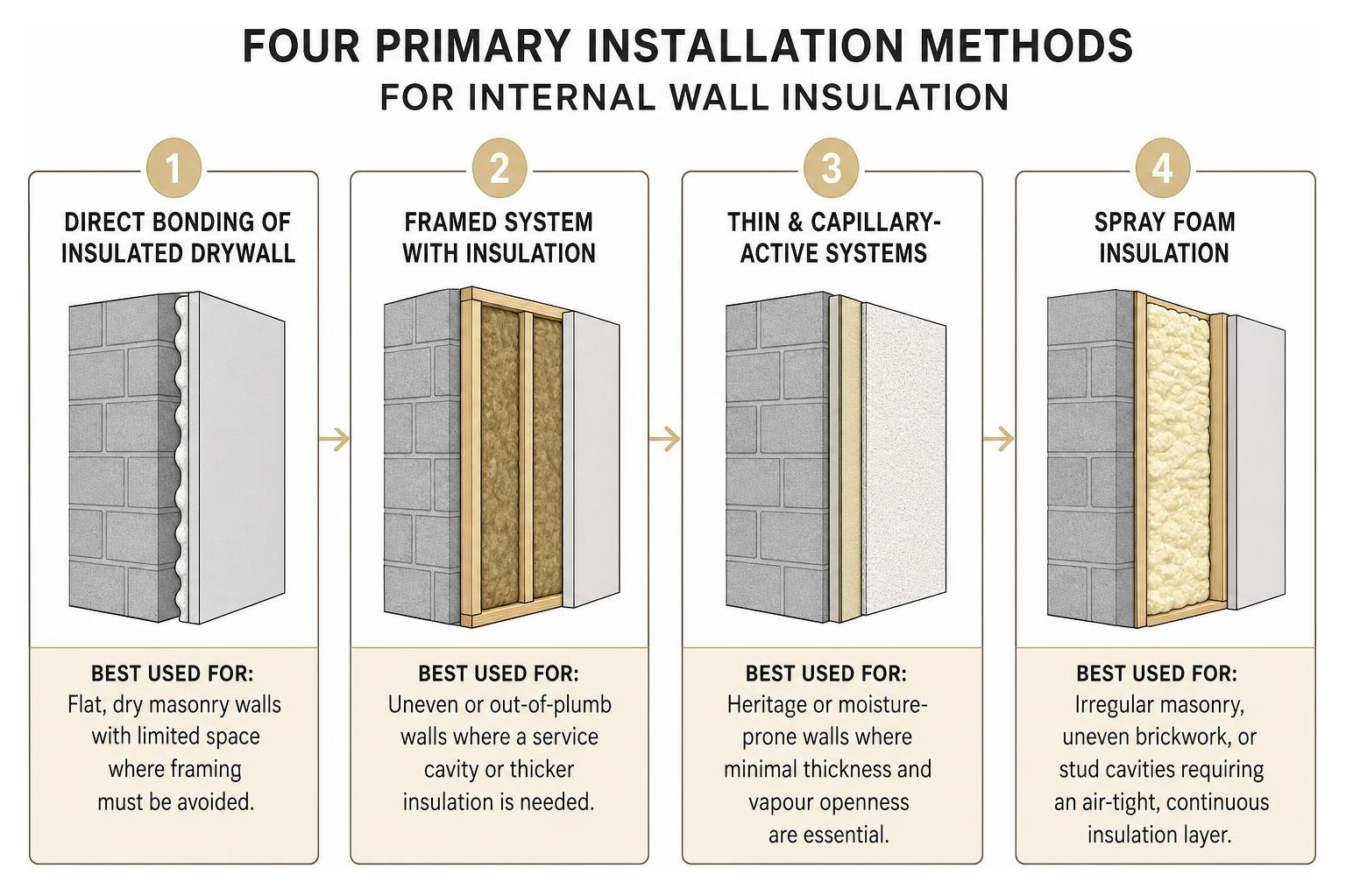 Four primary installation methods for internal wall insulation