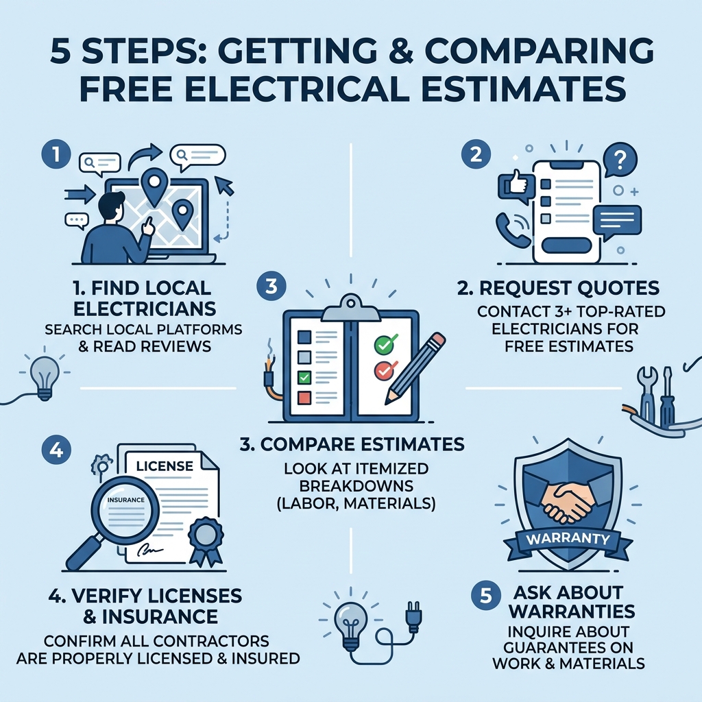 5-step infographic showing how to get and compare free electrical estimates from local electricians - cheap electrician near