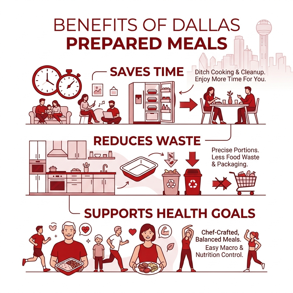 Infographic showing benefits of ready-to-heat prepared meals in Dallas: saves time, reduces waste, supports health goals
