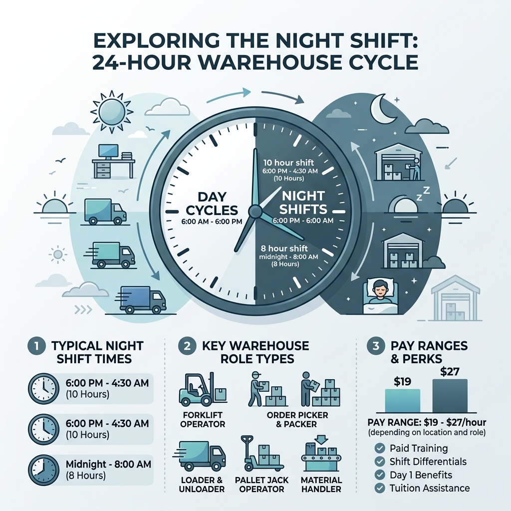 Infographic showing the 24-hour warehouse cycle, shift times, pay ranges, and key role types - night shift warehouse jobs Infographic showing the 24-hour warehouse cycle, shift times, pay ranges, and key role types - night shift warehouse jobs