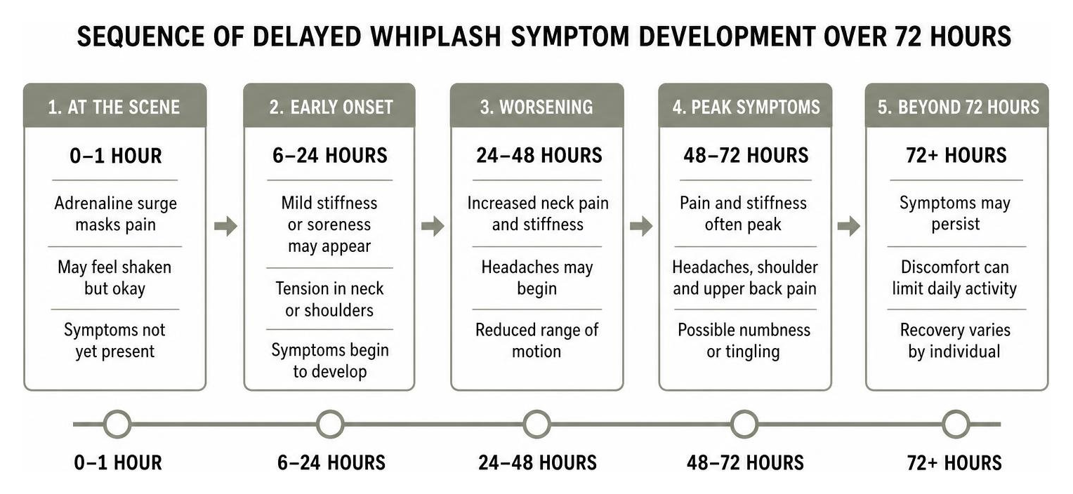 Sequence of delayed whiplash symptom development over 72 hours Sequence of delayed whiplash symptom development over 72 hours