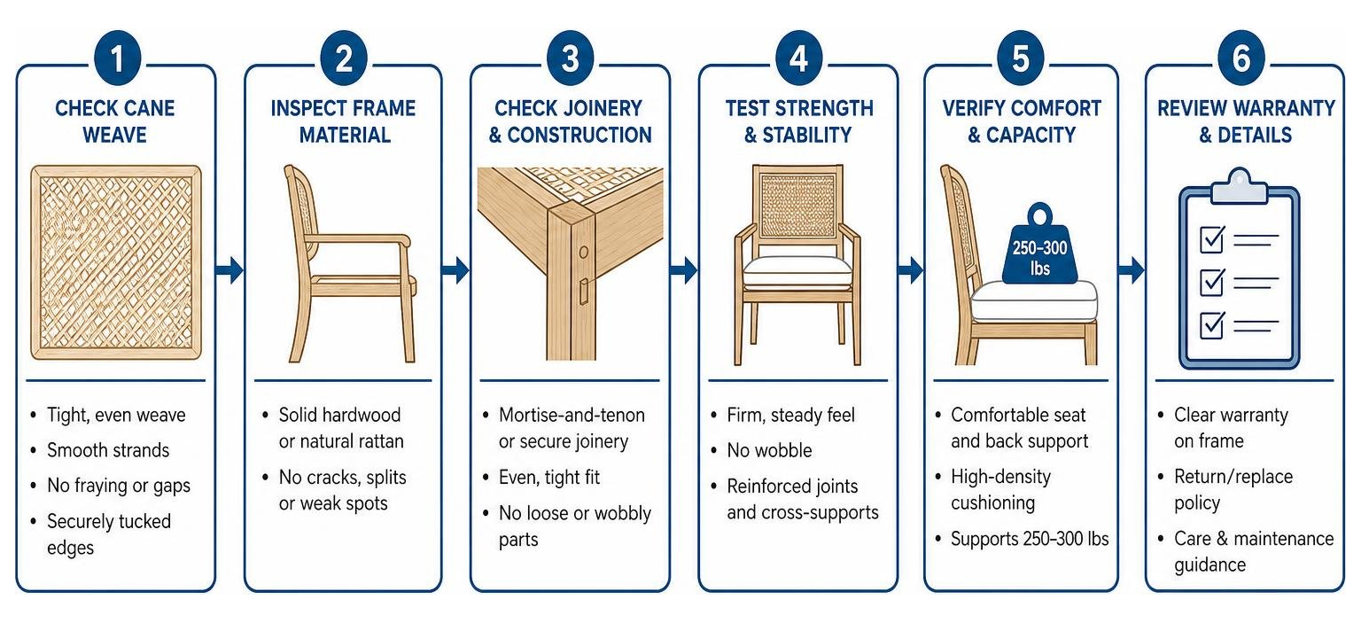 Step-by-step quality check process for inspecting woven cane chairs Step-by-step quality check process for inspecting woven cane chairs