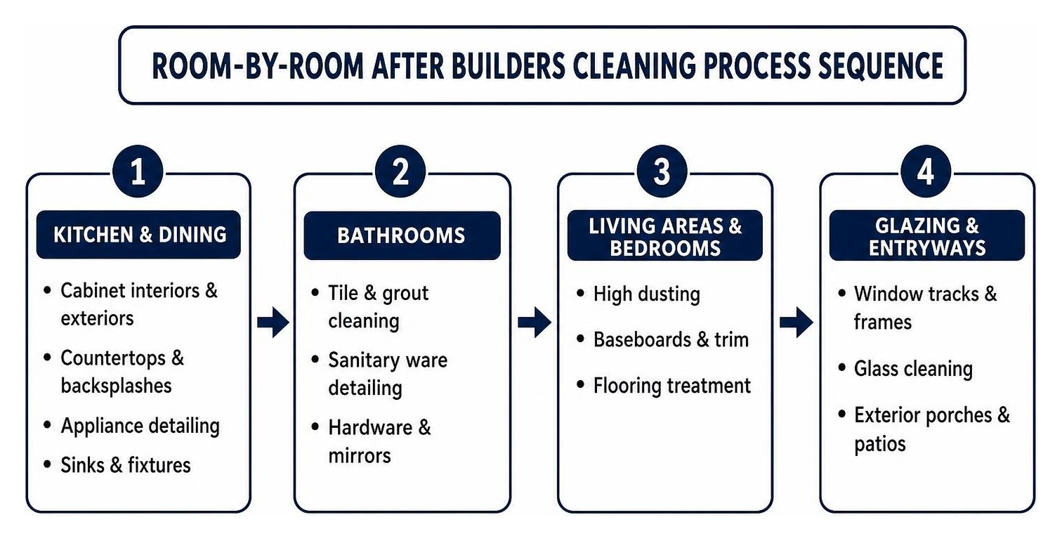 Room-by-room after builders cleaning process sequence