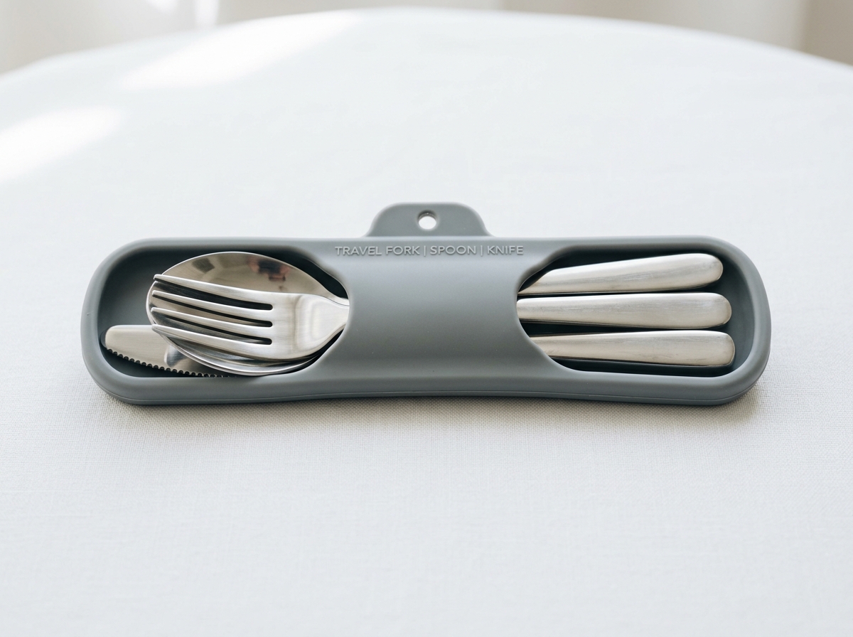 Stainless steel utensils nesting perfectly inside a slim, protective silicone sleeve - silicone utensils travel set