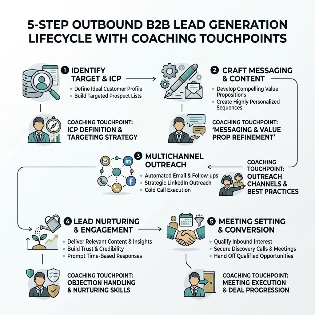 Infographic showing the 5-step outbound B2B lead generation lifecycle with coaching touchpoints at each stage - b2b lead Infographic showing the 5-step outbound B2B lead generation lifecycle with coaching touchpoints at each stage - b2b lead