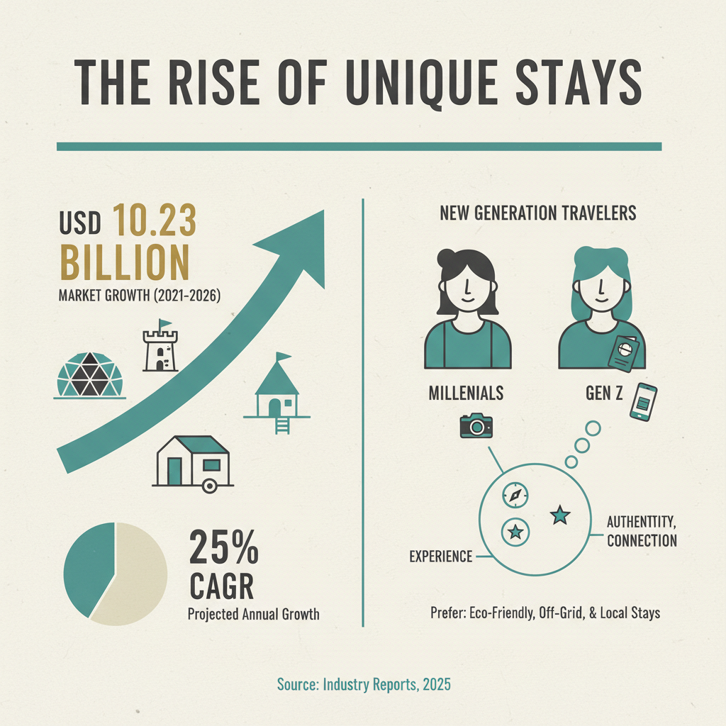 explaining the growth of the unique accommodation market and traveler demographics (Millennials/Gen Z) who prefer them. - unique travel accommodations infographic 