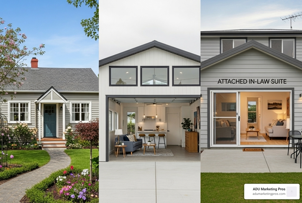 A split-screen image showing three distinct types of granny flats: a detached backyard cottage with a small garden, a garage converted into a modern living space, and an attached in-law suite seamlessly integrated into the main house. - granny flat