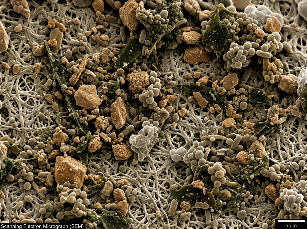 Microscopic view of a clogged filter membrane showing trapped silt and bacteria - hiking filter cleaning guide Microscopic view of a clogged filter membrane showing trapped silt and bacteria - hiking filter cleaning guide