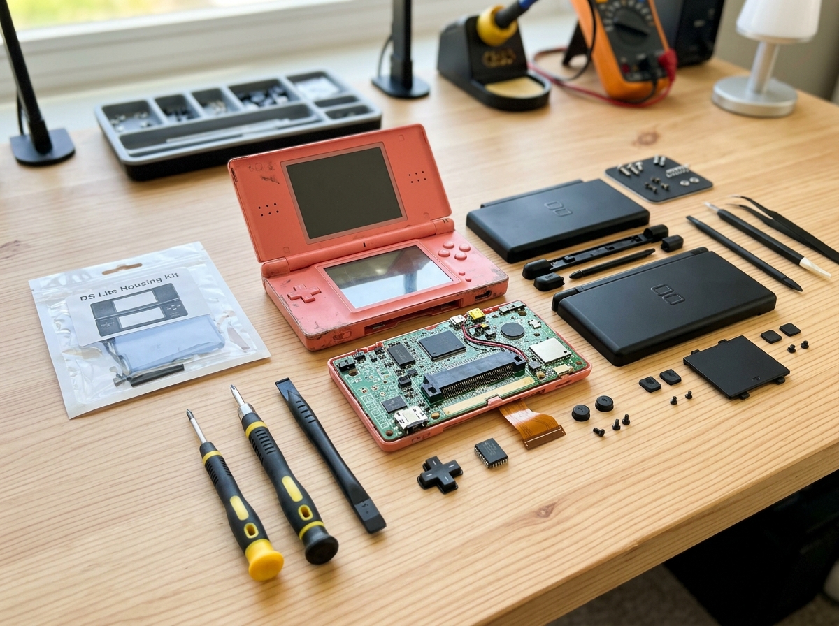 A disassembled DS Lite housing kit laid out on a workbench - ds lite replacement shell A disassembled DS Lite housing kit laid out on a workbench - ds lite replacement shell