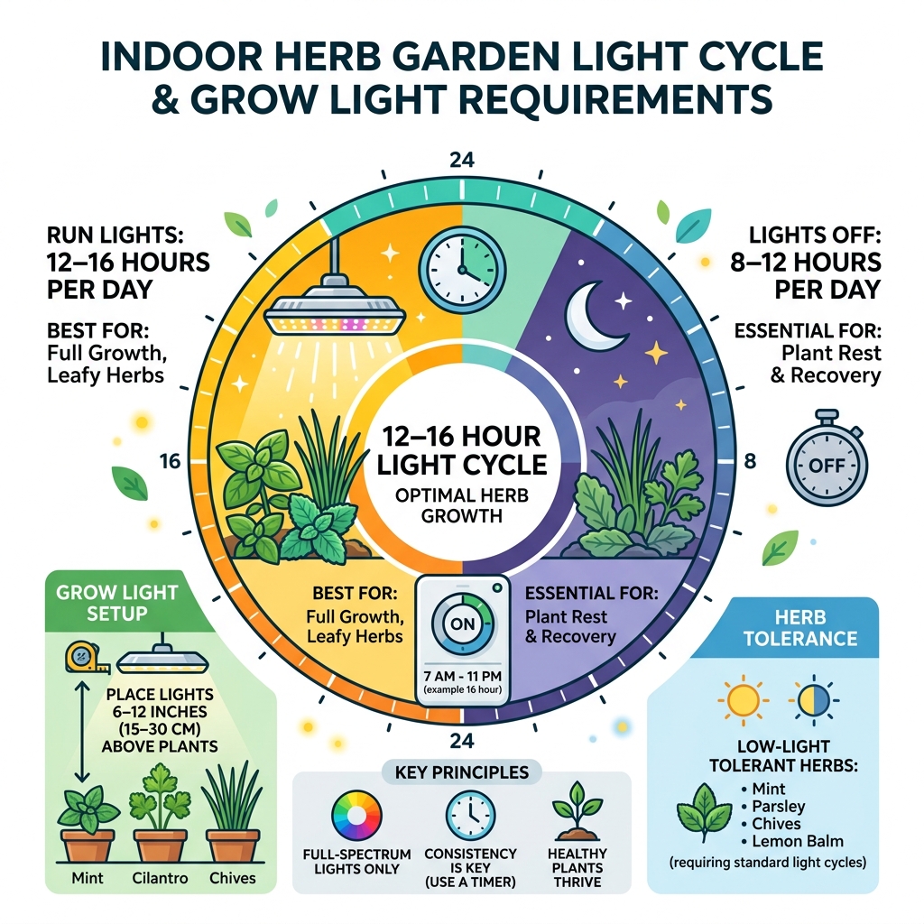 Indoor herb garden light cycle and grow light duration requirements infographic - grow herbs indoors without sunlight Indoor herb garden light cycle and grow light duration requirements infographic - grow herbs indoors without sunlight