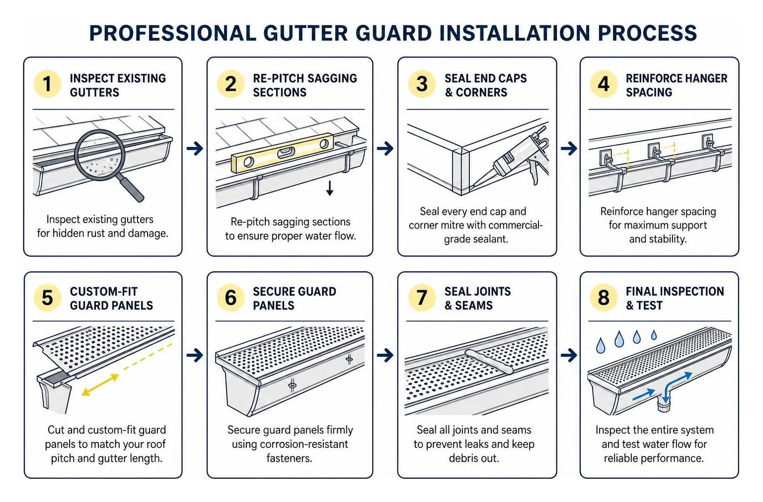 Step-by-step diagram of the professional gutter guard installation process Step-by-step diagram of the professional gutter guard installation process
