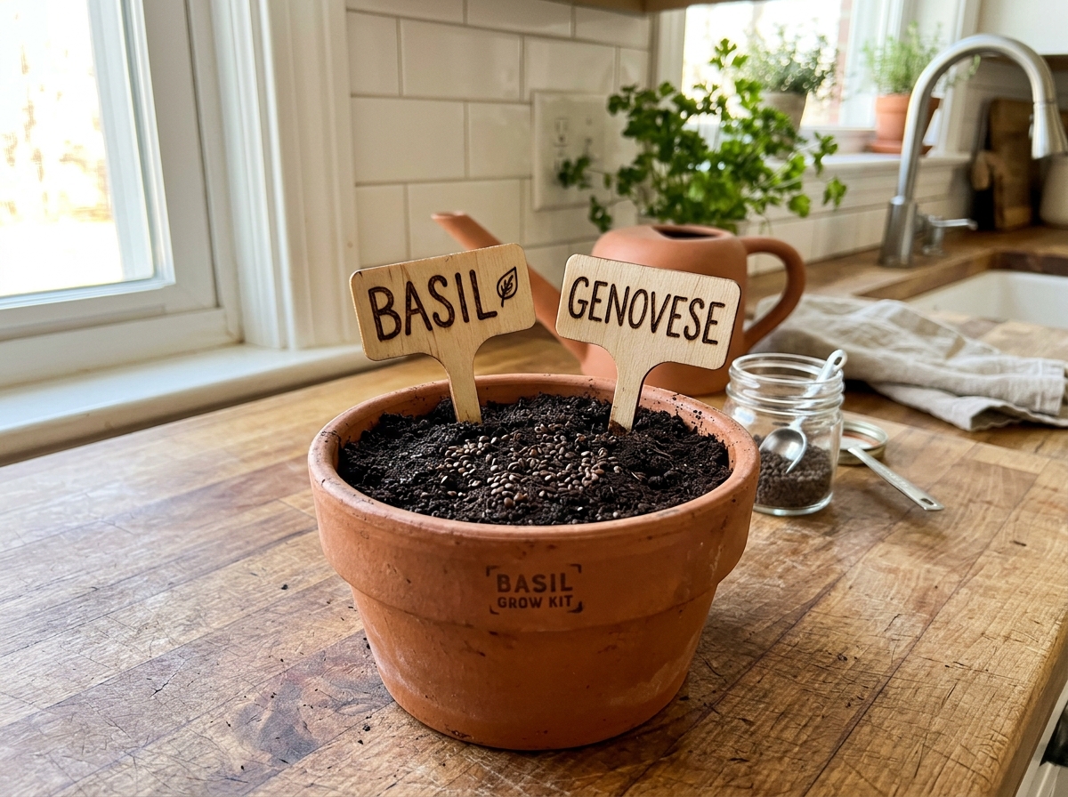 Kit components including soil pellets, organic seeds, and plant markers - basil starter kit kitchen Kit components including soil pellets, organic seeds, and plant markers - basil starter kit kitchen