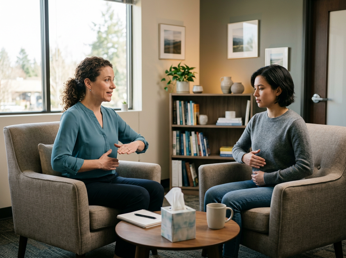 Clinician teaching relaxation skills to a patient in an office Clinician teaching relaxation skills to a patient in an office