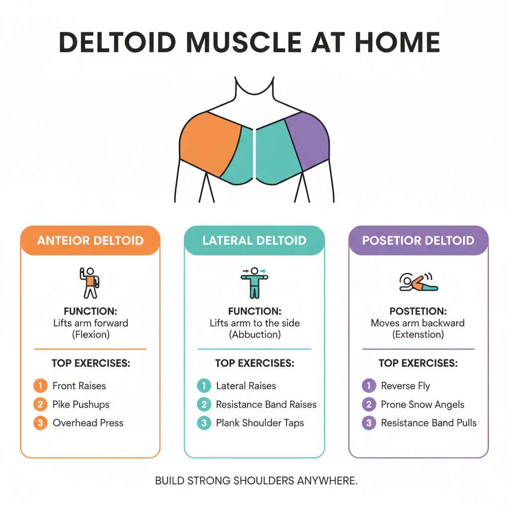 Infographic showing three deltoid heads, their functions, and top exercises for each - deltoid muscle exercises at home Infographic showing three deltoid heads, their functions, and top exercises for each - deltoid muscle exercises at home