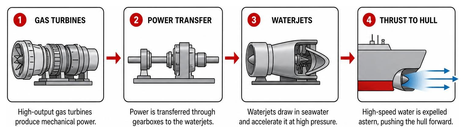 Propulsion process diagram: Gas turbines driving high-output waterjets to push the hull Propulsion process diagram: Gas turbines driving high-output waterjets to push the hull
