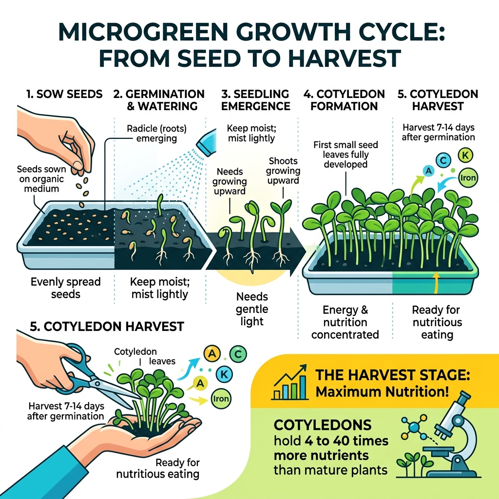 Microgreen growth cycle infographic from seed to cotyledon harvest stage - nutrition facts organic microgreens infographic 