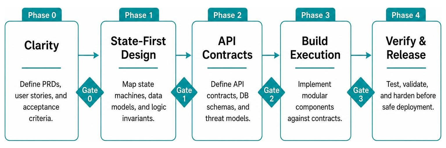 5 phase gated workflow diagram for AI coding agents