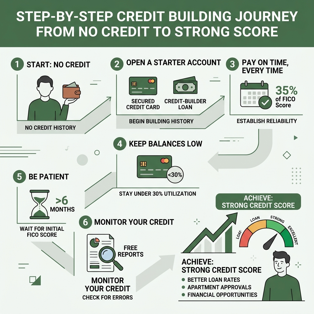Step-by-step credit building journey from no credit to strong score infographic - beginner's guide credit builder Step-by-step credit building journey from no credit to strong score infographic - beginner's guide credit builder