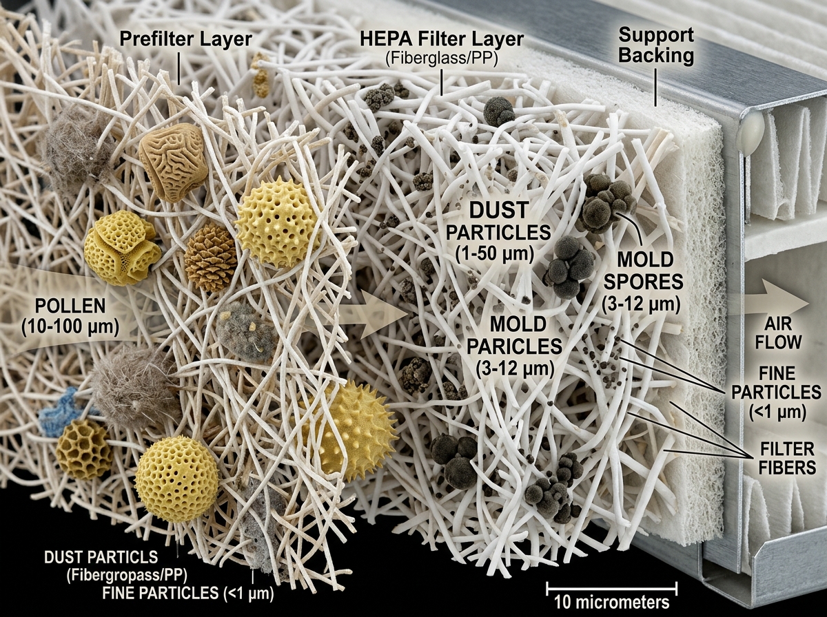Cross-section of a multi-layer HEPA filter showing how different sized particles are trapped by fibers - allergen reducing Cross-section of a multi-layer HEPA filter showing how different sized particles are trapped by fibers - allergen reducing