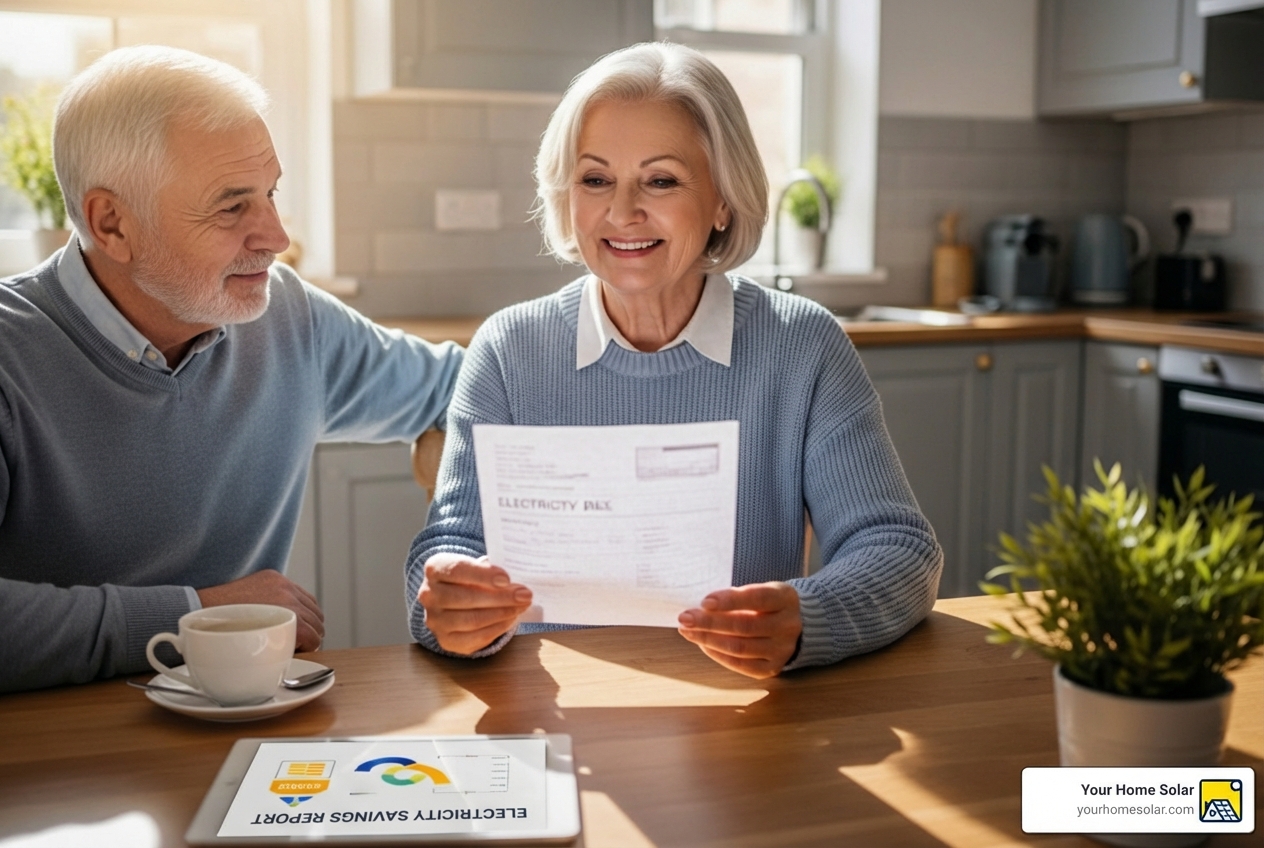 homeowner reviewing significantly lower electricity bill - residential solar panel homeowner reviewing significantly lower electricity bill - residential solar panel