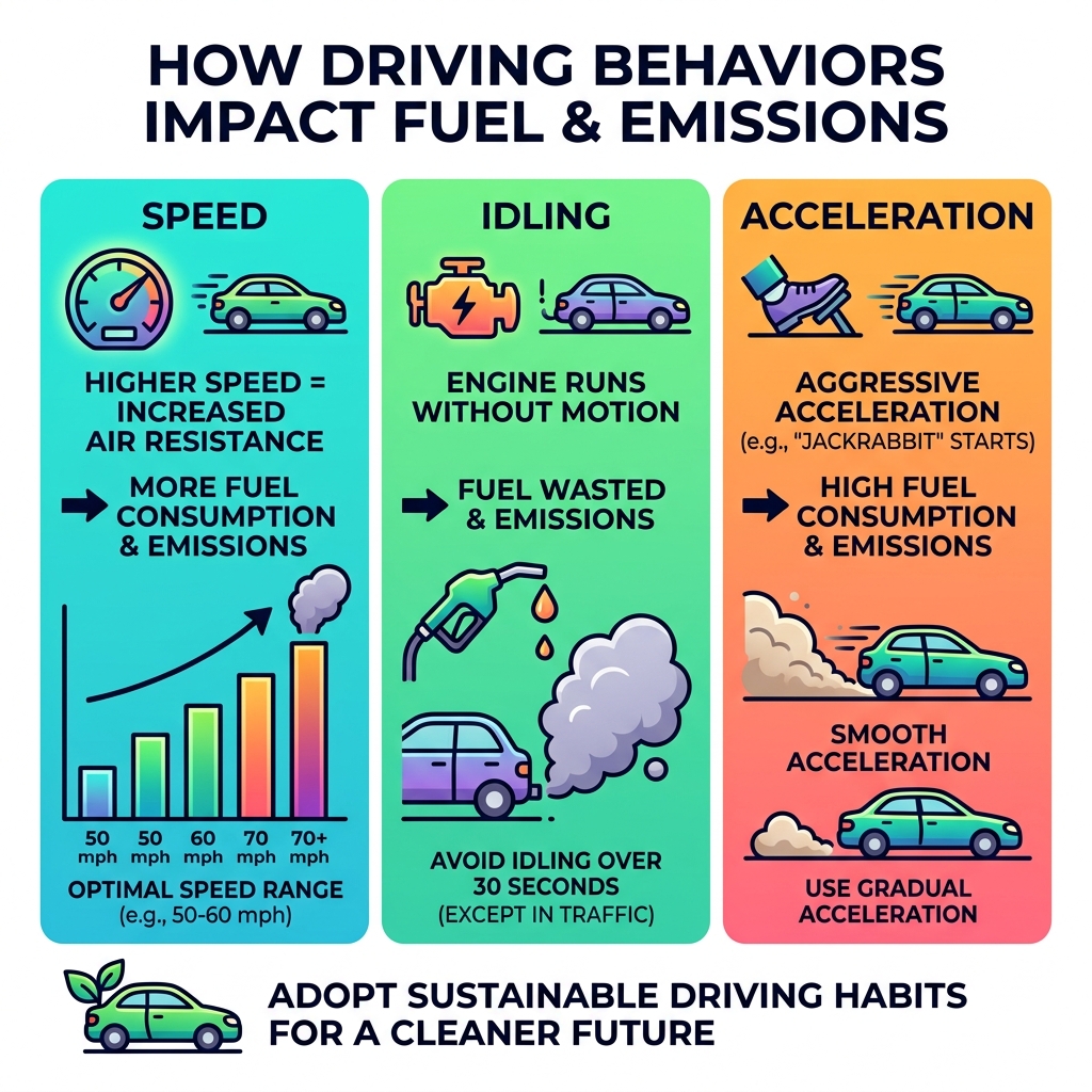 Infographic showing how driving behaviors like speed, idling, and acceleration affect fuel consumption and emissions