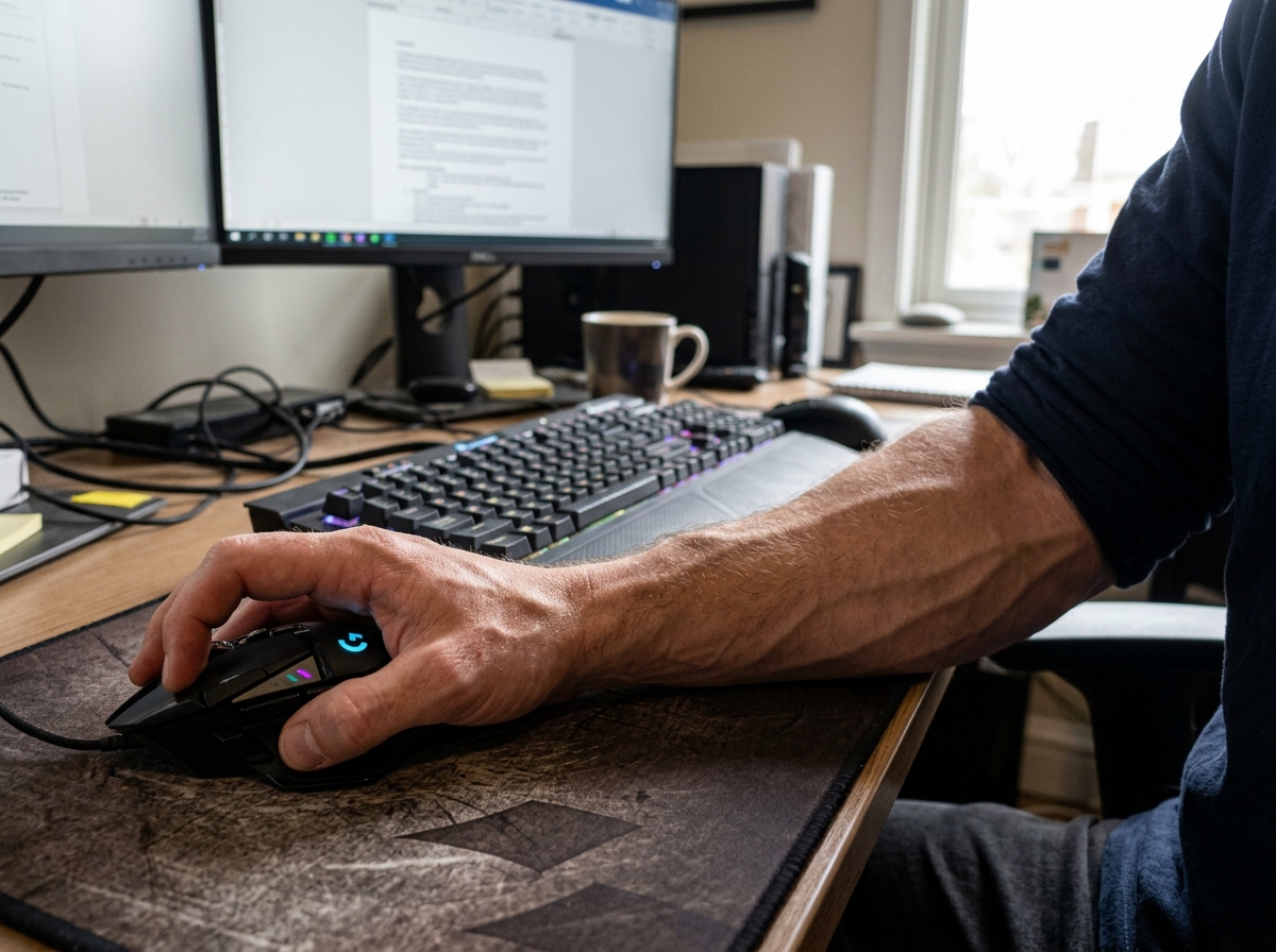 close up of strained forearm muscles and tendons during repetitive mouse clicking - keyboard shortcut injury prevention