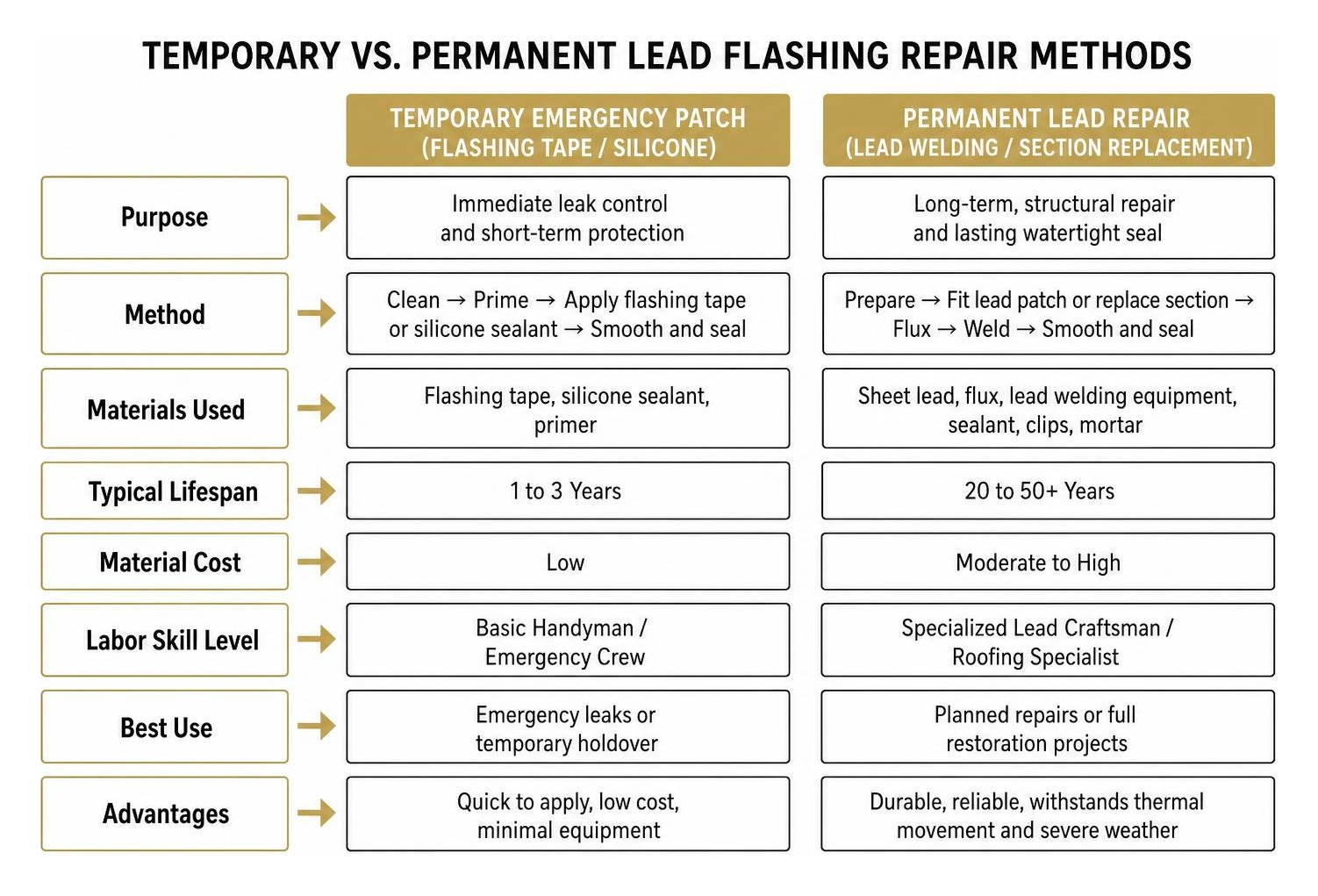 Comparison of temporary vs permanent lead flashing repair methods