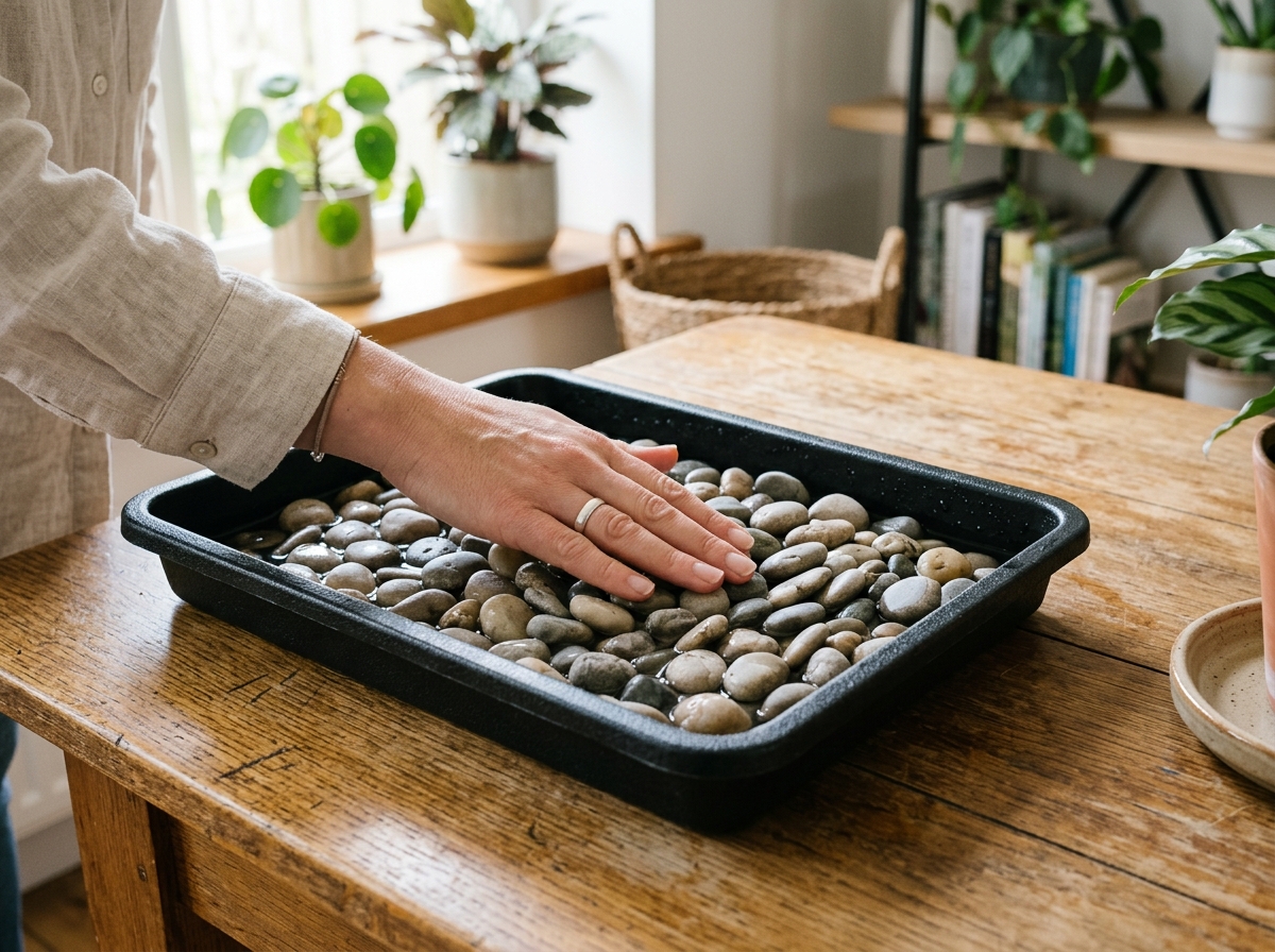 A person leveling river pebbles in a waterproof black tray - pebble tray for houseplants