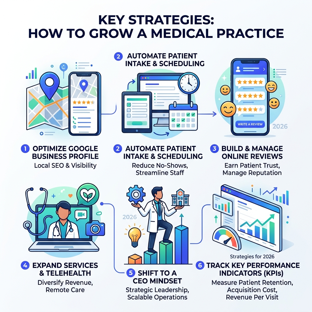 Key Strategies Infographic: How To Grow A Medical Practice From Local Seo To Telehealth And Patient Retention - Grow Medical