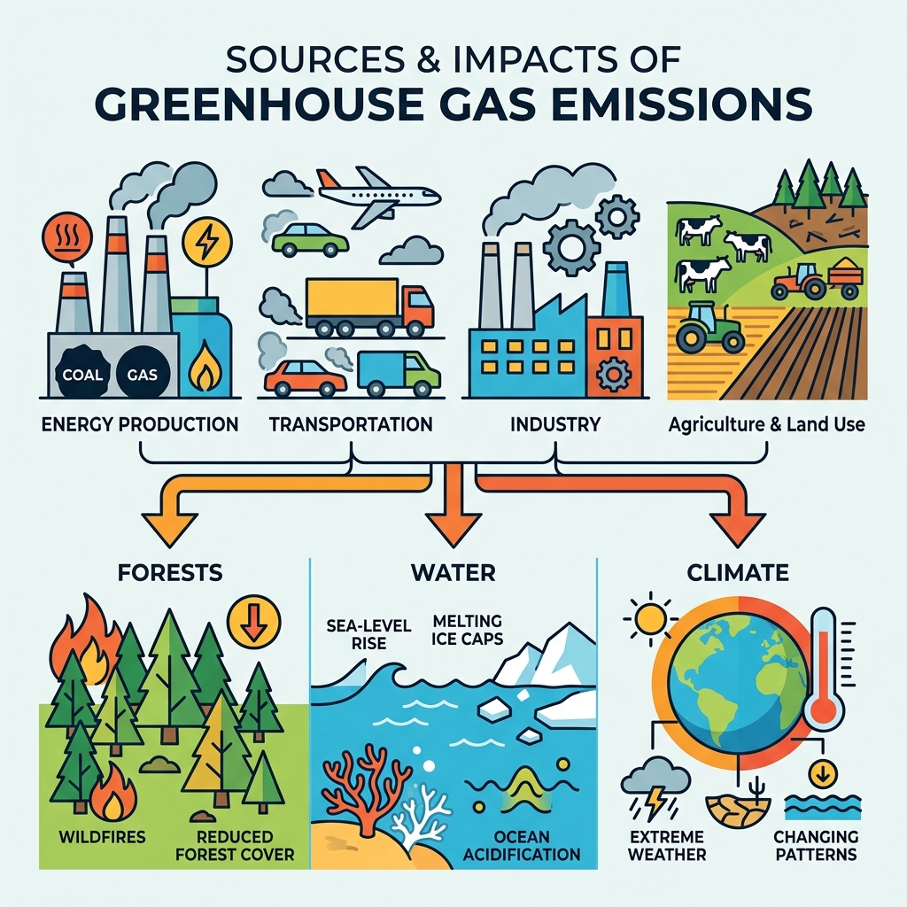 infographic showing sources of greenhouse gas emissions and their impact on forests, water, and climate - greenhouse gas