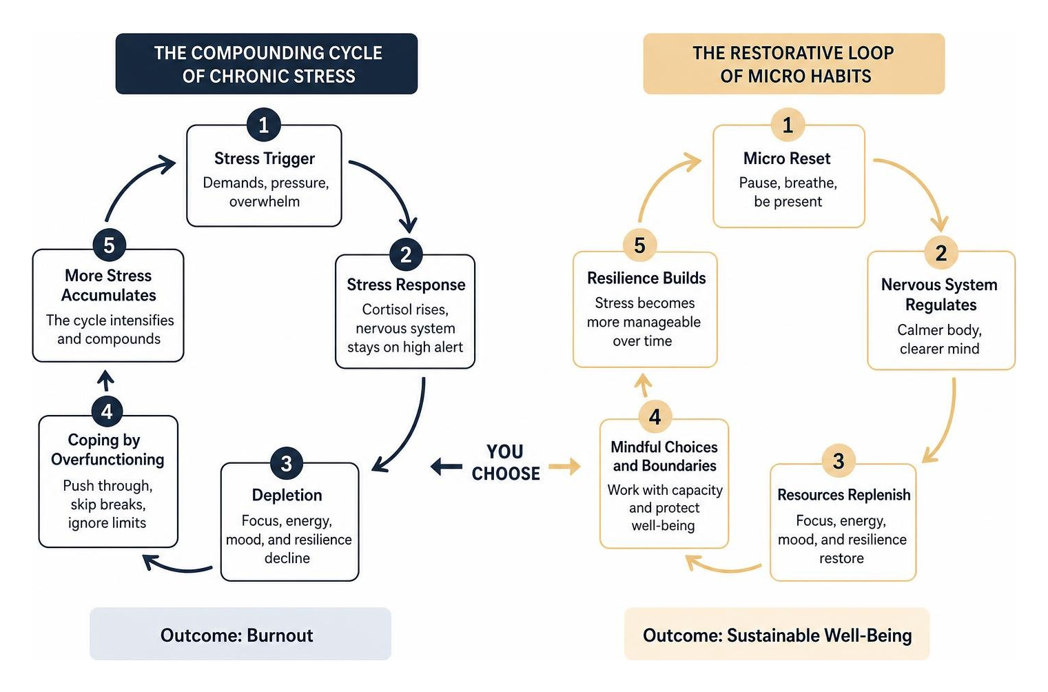 diagram showing the compounding cycle of chronic stress versus the restorative loop of micro habits diagram showing the compounding cycle of chronic stress versus the restorative loop of micro habits