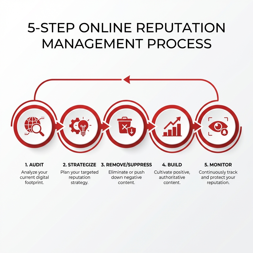 5-step online reputation management process: Audit, Strategize, Remove/Suppress, Build, and Monitor. - online reputation management orm services ormbuddy.com infographic