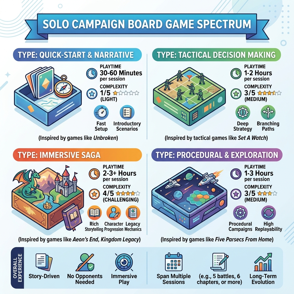 infographic showing solo campaign board game types, playtimes, and complexity ratings - solo campaign board games