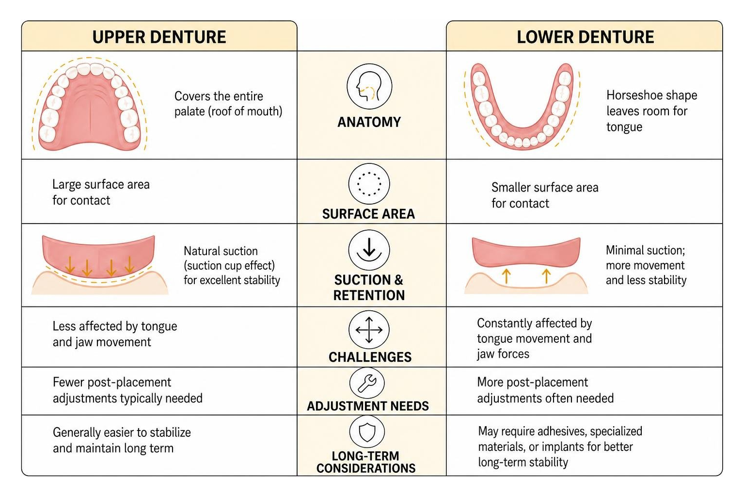 Comparison of anatomical stability and suction between upper and lower dentures
