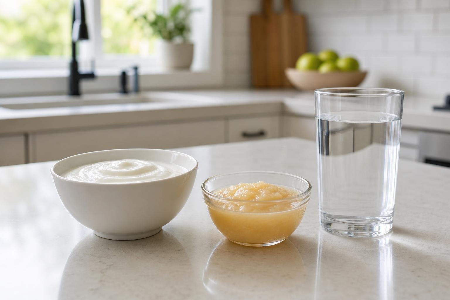 Soft, cool foods like yogurt and applesauce prepared on a kitchen counter