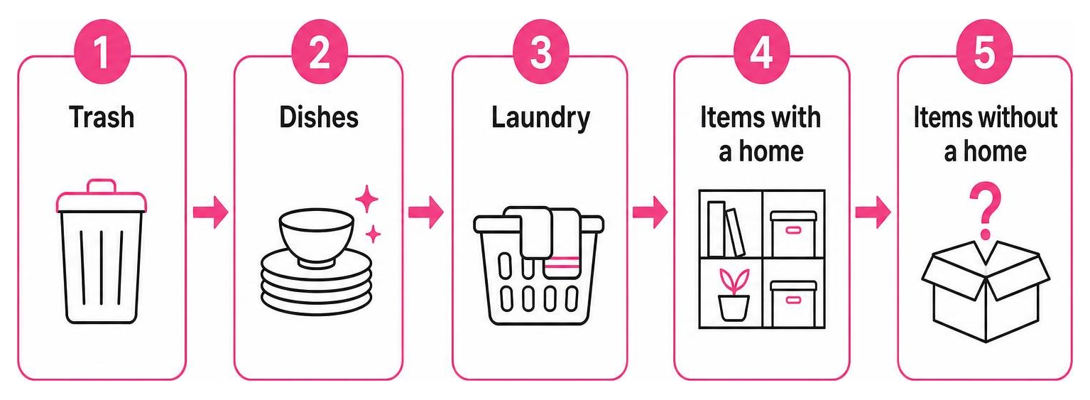 Linear sequence: trash, dishes, laundry, items with a home, items without a home Linear sequence: trash, dishes, laundry, items with a home, items without a home