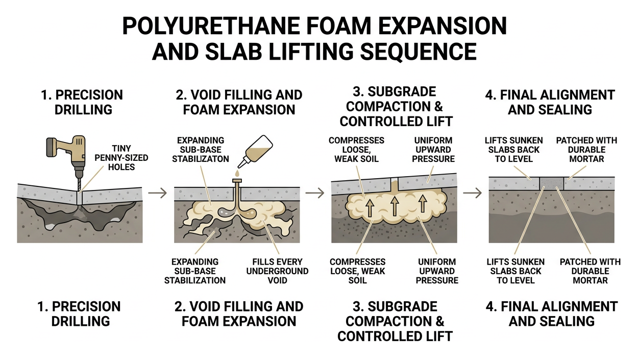 polyurethane foam expansion and slab lifting sequence