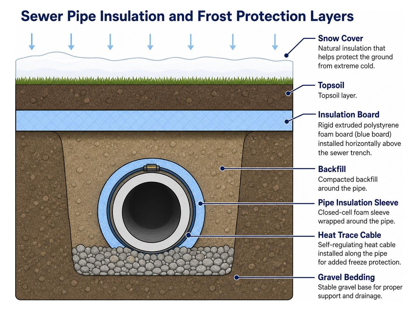 Sewer pipe insulation and frost protection layers Sewer pipe insulation and frost protection layers