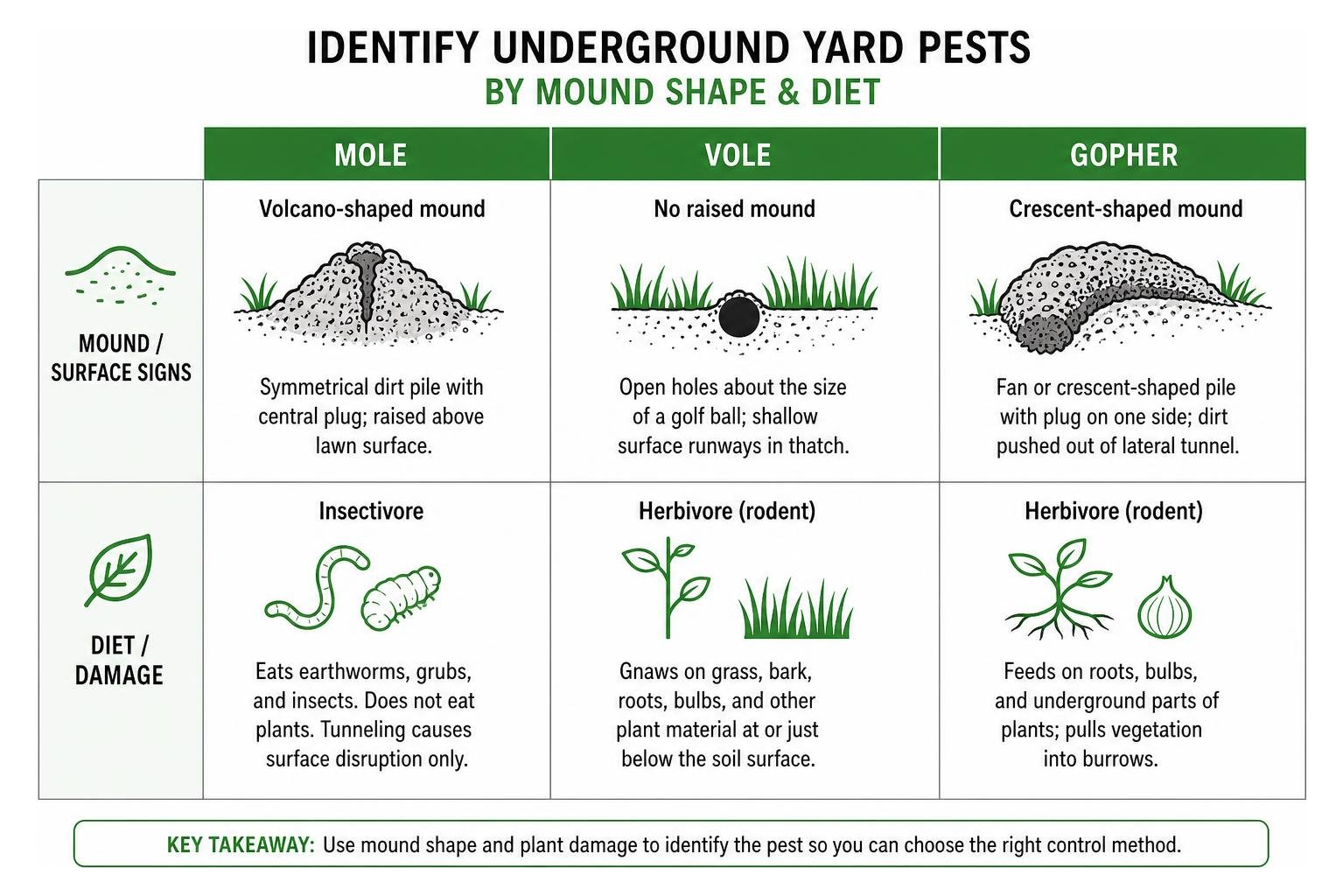 Diagram of identifying underground yard pests by mound shape and diet