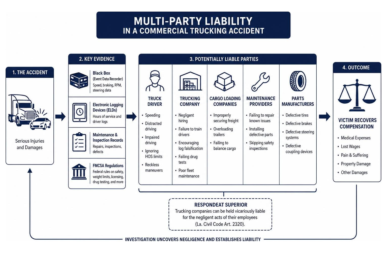 Diagram of multi-party liability in a commercial trucking accident Diagram of multi-party liability in a commercial trucking accident